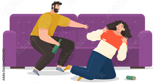 Drunk man scolding his wife while drinking booze. Arguing, reprimanding, having argument fight