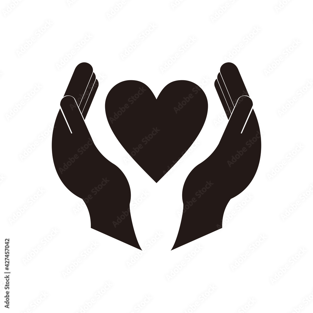 Human hands with heart in between black isolated vector icon. Care with love, protection concept symbol. Human hands with heart in between black isolated vector icon. Care with love, protection concept symbol.