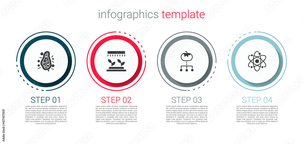 Set Bacteria, Automatic irrigation sprinklers, Genetically modified food and Atom. Business infographic template. Vector