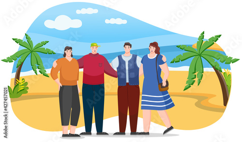 Hikers or tourist on coastline with palm trees and seascape. Friends come to summer resort