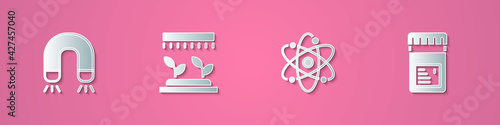 Set paper cut Magnet, Automatic irrigation sprinklers, Atom and Jar with additives icon. Paper art style. Vector