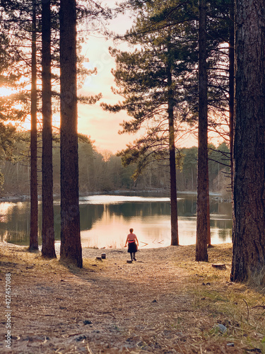 lonely boy walking through a clearing in the trees towards a reflective lake at sunset in the woods