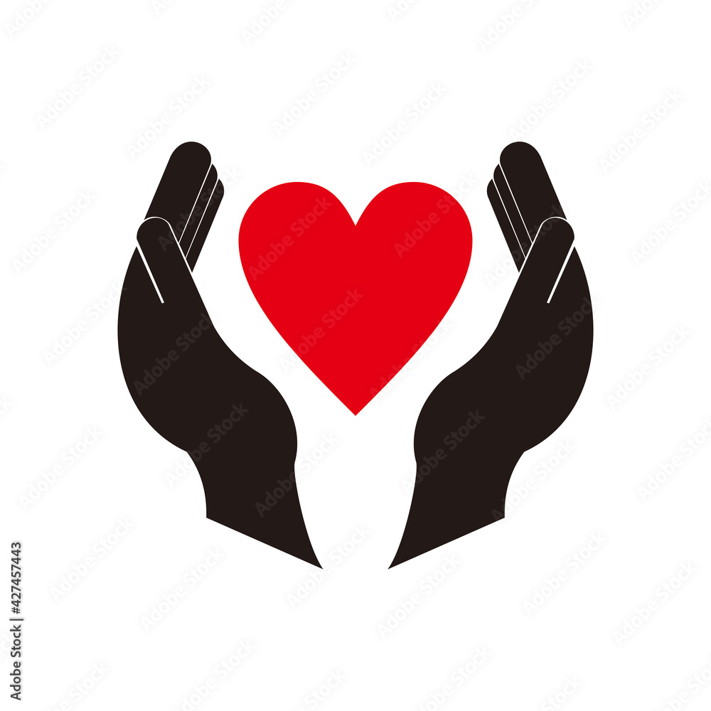 Human hands with heart in between black isolated vector icon. Care with love, protection Human hands with heart in between black isolated vector icon. Care with love, protection