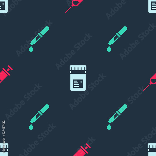 Set Syringe, Jar with additives and Pipette on seamless pattern. Vector