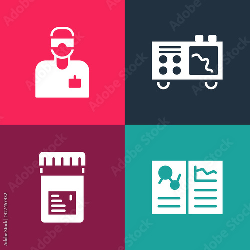 Set pop art Clinical record, Jar with additives, Spectrometer and Laboratory assistant icon. Vector