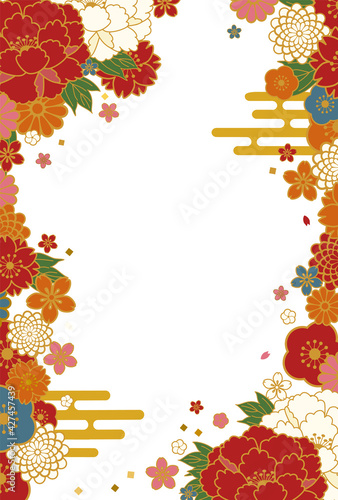 和柄の花のベクターイラストフレーム背景(縦)