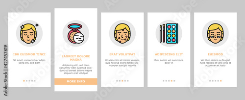 Facial Skin Care Treat Onboarding Mobile App Page Screen Vector. Facial Skincare Makeup Cosmetics And Mask, Essential Oil And Acne Cream, Face Massager Illustrations