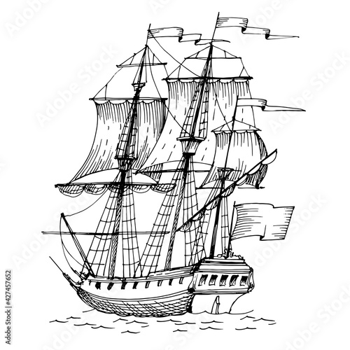 Old caravel, vintage sailboat. Hand drawn sketch.