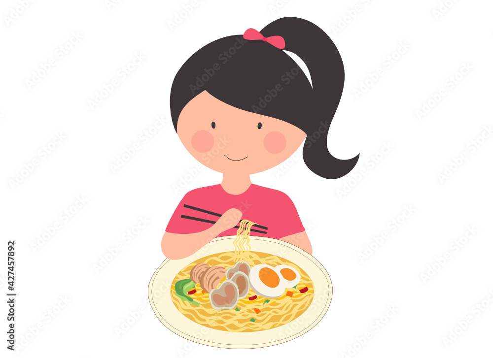 Cute girl eating japanese noodle vector illustration Cute girl eating japanese noodle vector illustration