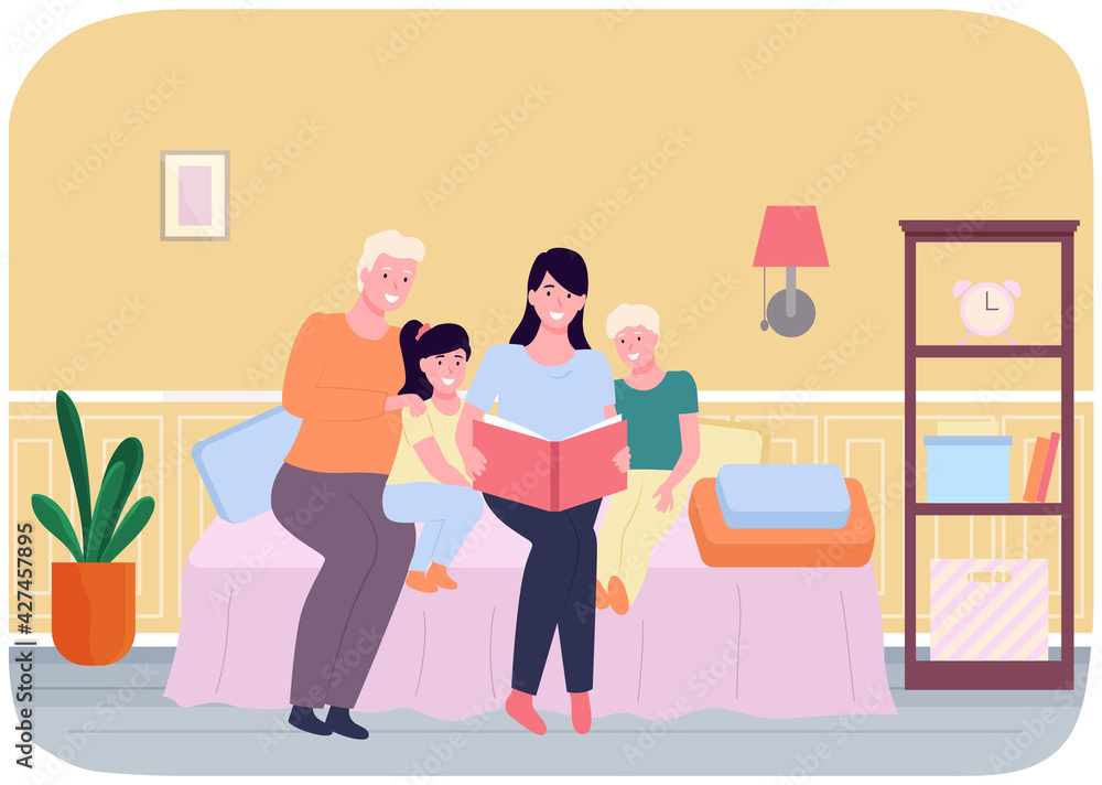 Mother reading story to children, happy family, fairy tale, vector graphics. Child care, parenting Mother reading story to children, happy family, fairy tale, vector graphics. Child care, parenting