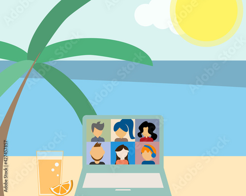 hybrid workplace with employees working from home or work from office or work from the beach or sea vector