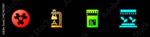 Set Biohazard symbol, Test tube flask on fire, Jar with additives and Automatic irrigation sprinklers icon. Vector