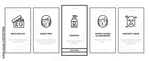 Facial Skin Care Treat Onboarding Mobile App Page Screen Vector. Facial Skincare Makeup Cosmetics And Mask, Essential Oil And Acne Cream, Face Massager Illustrations