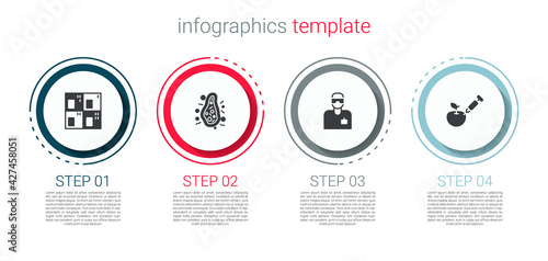 Set Periodic table, Bacteria, Laboratory assistant and Genetically modified apple. Business infographic template. Vector