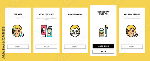 Facial Skin Care Treat Onboarding Mobile App Page Screen Vector. Facial Skincare Makeup Cosmetics And Mask, Essential Oil And Acne Cream, Face Massager Illustrations