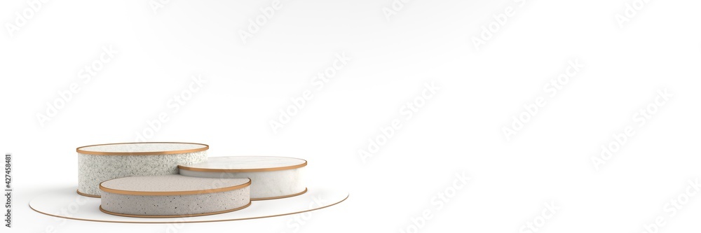 3D rendering of Round marble Pedestal, Podium for display product on the white floor. Pedestal can be used for commercial advertising, Isolated on white background, Product Presentation, illustration. 3D rendering of Round marble Pedestal, Podium for display product on the white floor. Pedestal can be used for commercial advertising, Isolated on white background, Product Presentation, illustration.