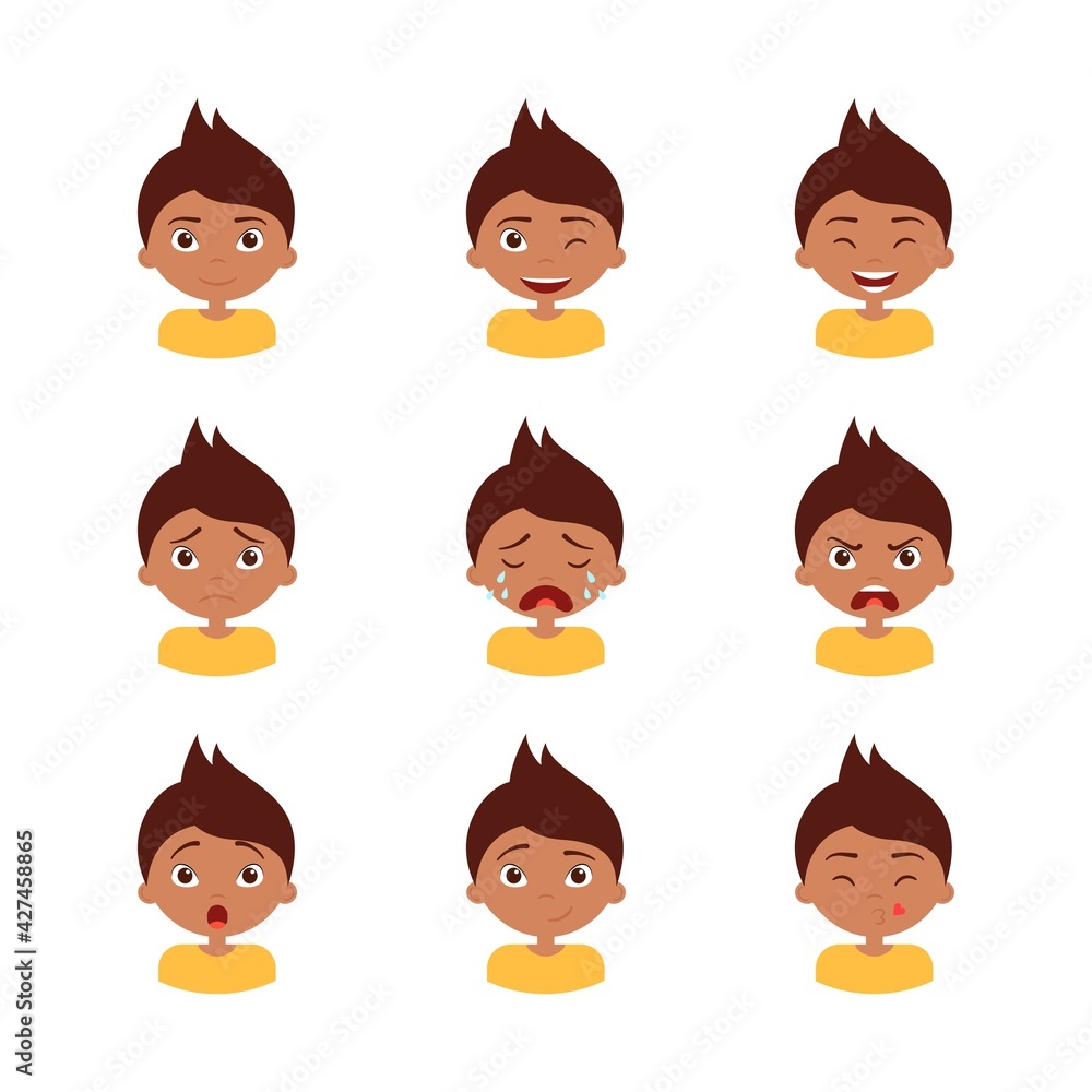 Different boy's emotion set. Collection character expression. Children emoticon, avatar clipart Different boy's emotion set. Collection character expression. Children emoticon, avatar clipart