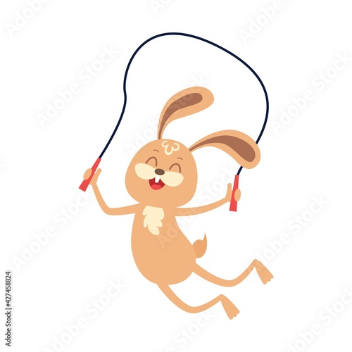 Cartoon joyful bunny jumping rope.Animal physical activities outdoors. Smiling rabbit hopping.