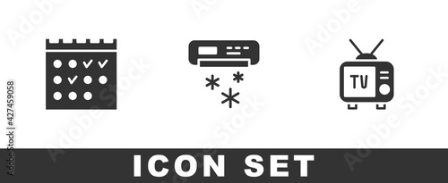 Set Hotel booking calendar, Air conditioner and Retro tv icon. Vector