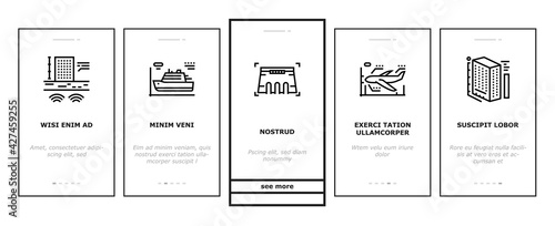 Modeling Engineering Onboarding Mobile App Page Screen Vector. Ship And Airplane, Bridge And Dam, Building And House Architectural Modeling Illustrations