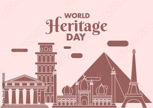 World Heritage Day poster, Eiffel Tower, Parthenon, Great Pyramid, Tower of Pisa, Jama masjid illustration vector