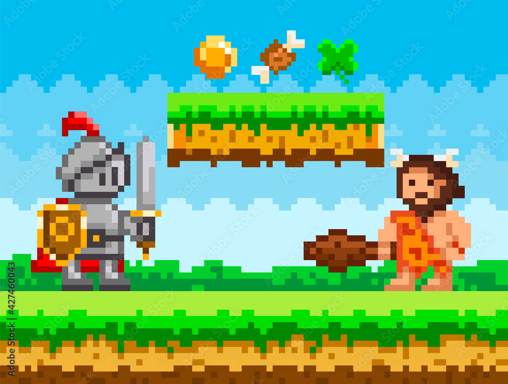 Fototapeta premium Pixelated natural landscape with warrior holding shield and sword fighting against caveman with club
