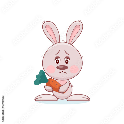 Surprised cute gray rabbit or hare with long ears, big ears and pink cheeks looks in surprise, holding an orange carrot in his paws, vector image of an emoticon, eps 10, isolated on white