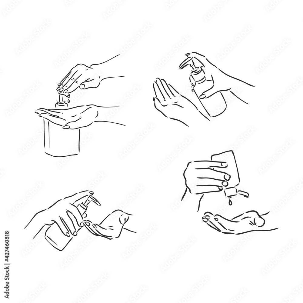 close-up hand press sanitizer alcohol gel bottle to cleaning disinfection and preventing Covid-19 virus vector illustration sketch doodle hand drawn with black lines isolated on white background close-up hand press sanitizer alcohol gel bottle to cleaning disinfection and preventing Covid-19 virus vector illustration sketch doodle hand drawn with black lines isolated on white background