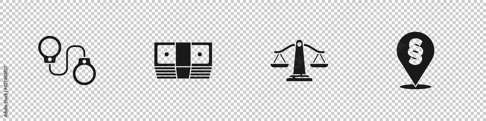 Obraz premium Set Handcuffs, Bribe money cash, Scales of justice and Location law icon. Vector