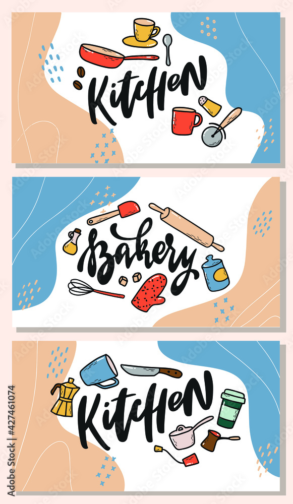 set of kitchen banners decorated with lettering quotes and doodles. Good for cards, prints, social media banners, kitchen decor, etc. EPS 10