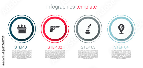 Set Jurors, Pistol gun, Feather and inkwell and Location law. Business infographic template. Vector