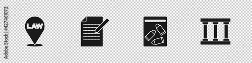 Set Location law, Document and pen, Evidence bag bullet and Prison window icon. Vector