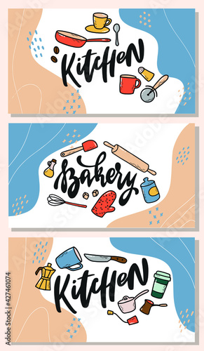 set of kitchen banners decorated with lettering quotes and doodles. Good for cards, prints, social media banners, kitchen decor, etc. EPS 10