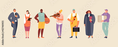Various occupations. Basketball player, plumber, judge, courier, violinist, singer, waitress. Vector collection