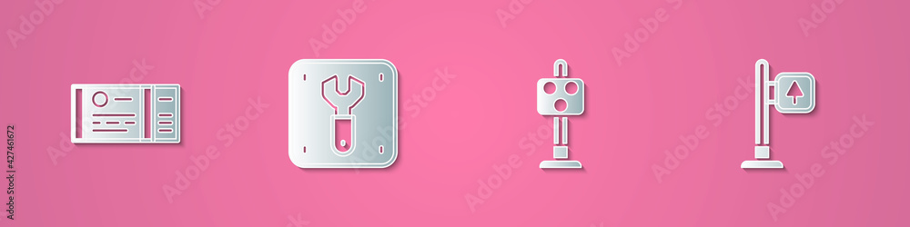 Set paper cut Train ticket, Repair of railway, traffic light and Road signpost icon. Paper art style. Vector Set paper cut Train ticket, Repair of railway, traffic light and Road signpost icon. Paper art style. Vector