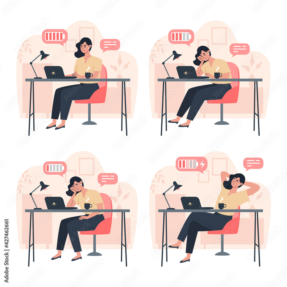 Productive worker and tired worker, productivity during the working day, stress or burnout Productive worker and tired worker, productivity during the working day, stress or burnout