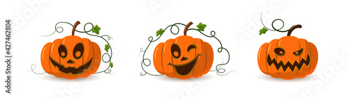 Halloween pumpkin icon 3D set. Autumn symbol. Cartoon horror design. Halloween scary pumpkin face, smile. Orange squash silhouette isolated white background. Harvest celebration Vector llustration