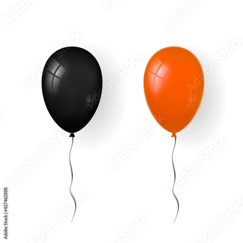 Balloon 3D icon, isolated on white background. Baloon mockup for Halloween party celebration. Realistic black orange design. Helium gift ballon with ribbon. Glossy decoration. Vector illustration