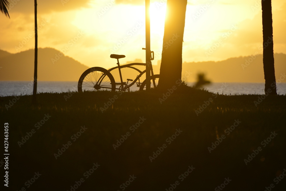 Silhouette of bicycle stopped in the beach garden of the city of Santos at sunset.