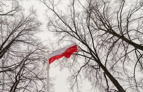 Flaga narodowa polska, symbol kraju nad rzeką Wisłą photo