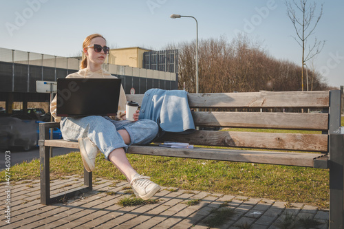 Remote work in nature, relaxation, slowdown, self-care in quarantine, lockdown covid 19, freelancing, teaching, meditation in nature, work online