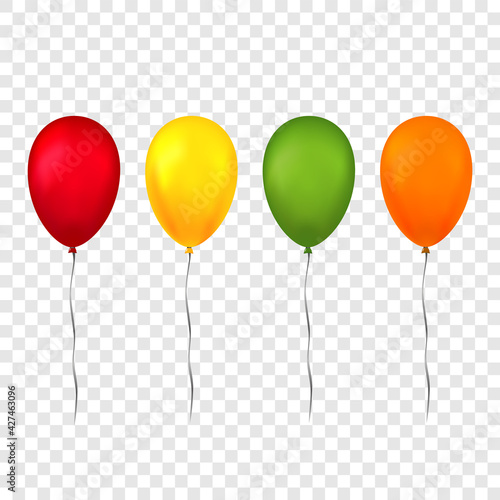 Balloons 3D bunch set, thread, isolated white transparent background. Color glossy flying baloon, ribbon, birthday celebrate, surprise. Helium ballon. Realistic design happy bday Vector illustration