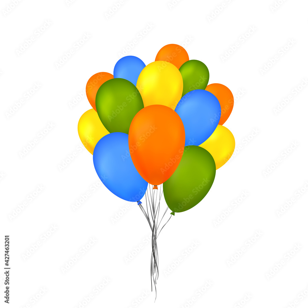 Balloons 3D bunch set, thread, isolated white background. Color glossy flying baloon, ribbon, birthday celebrate, surprise. Helium ballon gift. Realistic shape, design happy bday Vector illustration Balloons 3D bunch set, thread, isolated white background. Color glossy flying baloon, ribbon, birthday celebrate, surprise. Helium ballon gift. Realistic shape, design happy bday Vector illustration