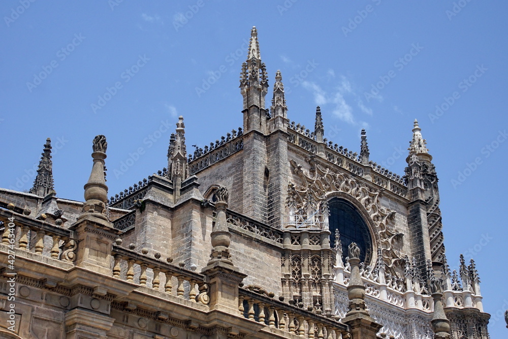 A view of the Cathedral of Saint Mary of the See or Cathedral de Santa María de la Sede in Seville, Andalucia, Spain
