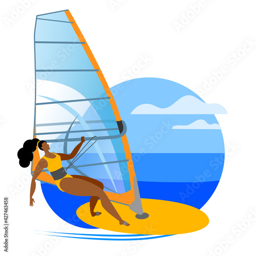 Girl ride a Board with a sail. Vector icon or sticker in a flat style on the theme of surfing.