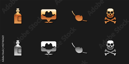 Set Alcohol drink Rum, Location pirate, Pirate eye patch and Skull crossbones icon. Vector