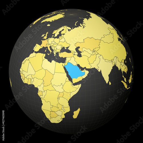 Saudi Arabia on dark globe with yellow world map. Country highlighted with blue color. Satellite world projection centered to Saudi Arabia. Attractive vector illustration.