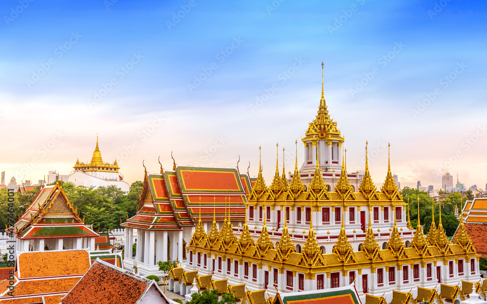 Naklejka premium Wat Ratchanatdaram or Loha Prasat (Golden Metal Castle) is the beautiful public temple landmark in Bangkok Thailand