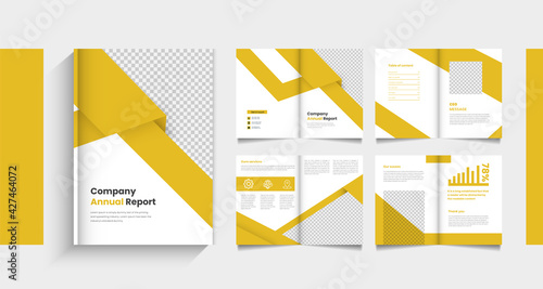 Pages company profile brochure . Brochure creative design. Multipurpose template with cover, back and . Trendy minimalist flat geometric design. yellow color 