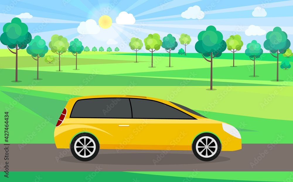 Modern car parking along town street in cartoon style. Vehicles car on city street Modern car parking along town street in cartoon style. Vehicles car on city street